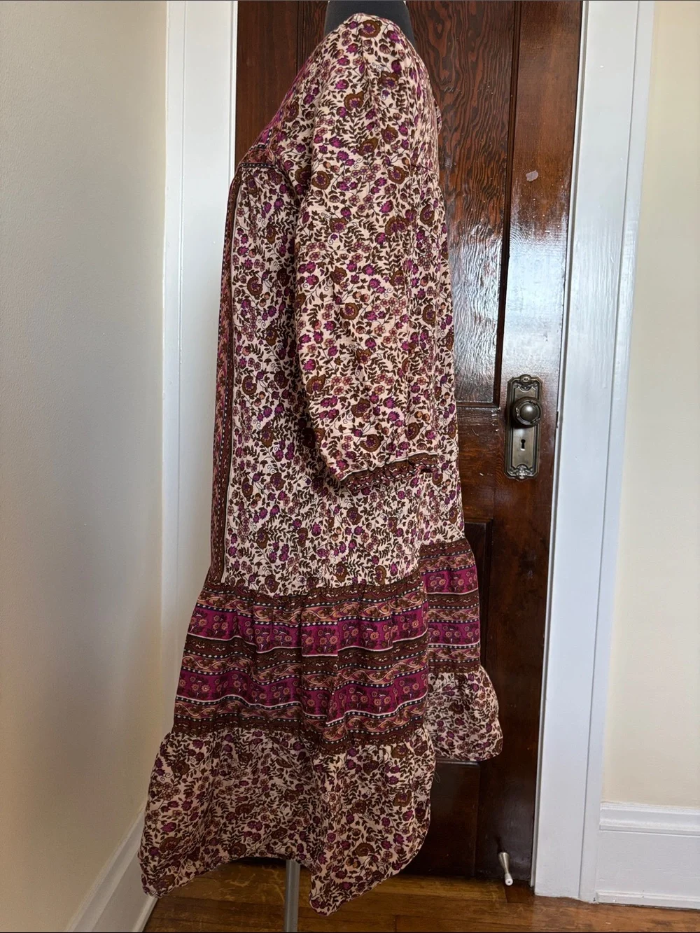1970s Vintage Bohemian Floral Pink and Brown Midi Dress Kaiser 100% Cotton Flowy - Picture 3 of 11